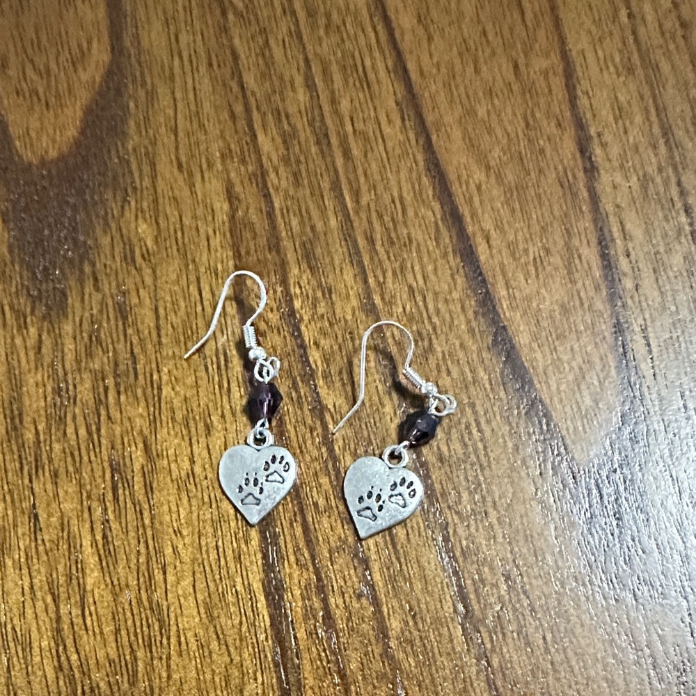 Heart Paw Print Dangle Earrings in Silver and Dark Purple